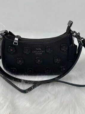Coach Teri Mini Crossbody Bag With Floral Applique Leather/QB/Black CAJ98 NWT